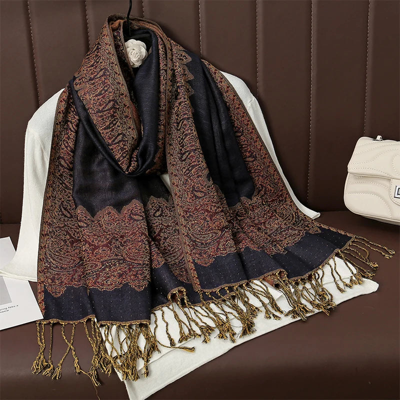 Paisley Floral Print Long Scarf with Fringed Ends