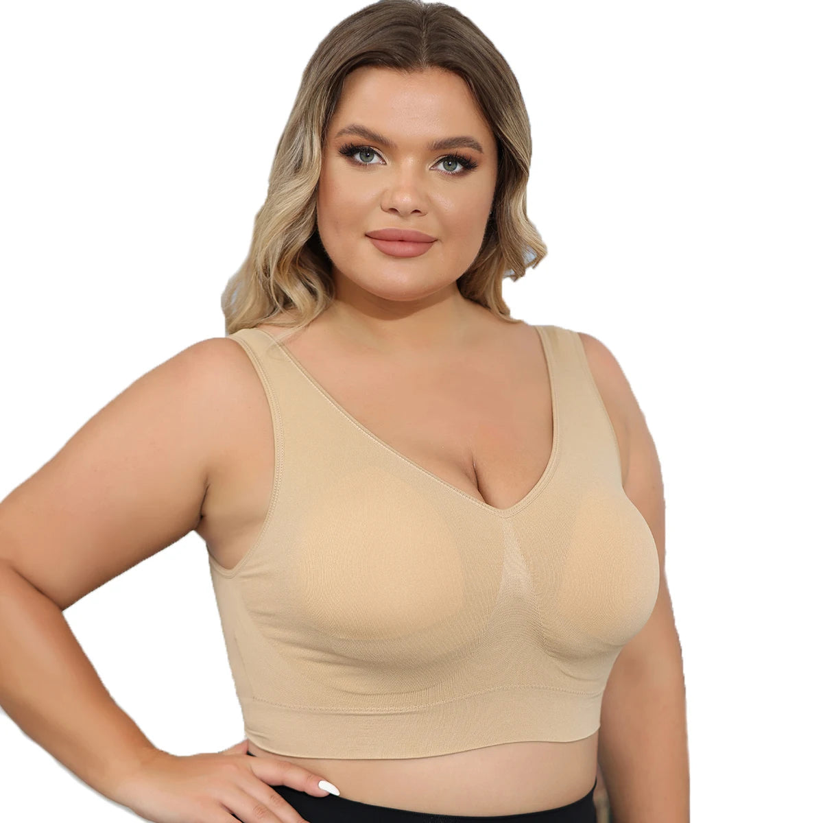 Women's Wide Strap Polyamide Blend Longline Bra with V Neck