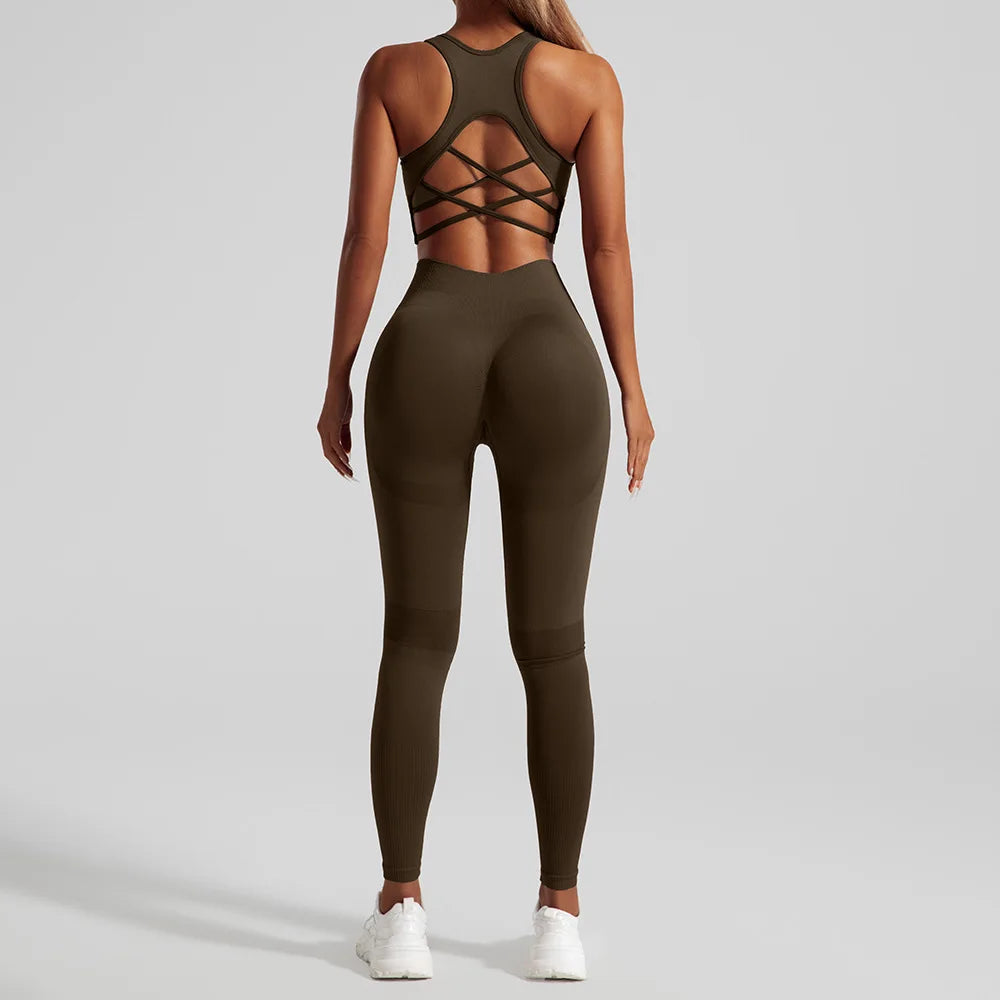 Women's Backless Crop Top And Leggings Yoga Set