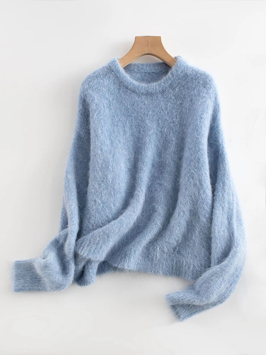 Women's Fluffy Crew Neck Long Sleeve Sweater Casual Knit Layer