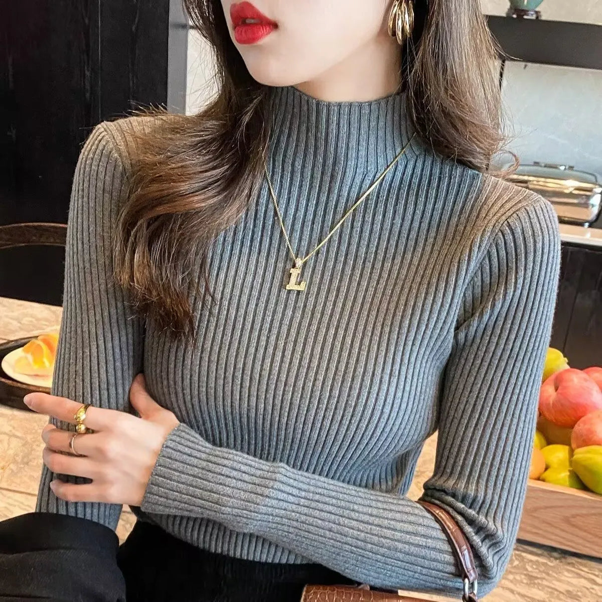 Women's Ribbed Mock Neck Flare Cuff Sweater Casual Knit Layer