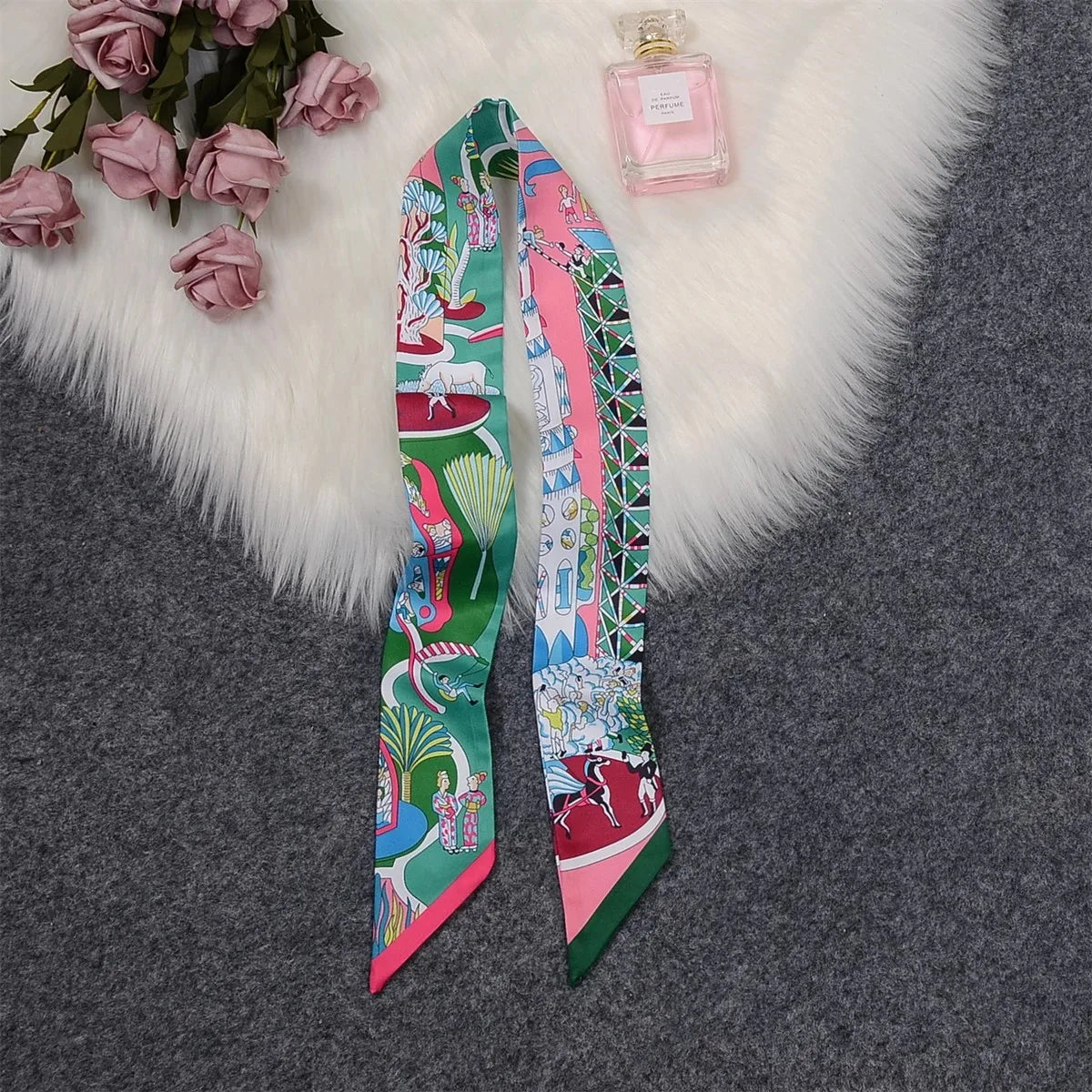 Horse Motif Skinny Ribbon Scarf with Printed Designs