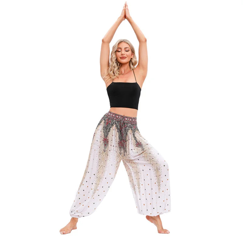 Women's Printed Rayon Harem Pants with Elastic Waist and Loose Gathered Legs
