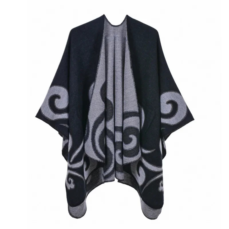 Patterned Fringed Open Front Poncho for Layering over Outfits