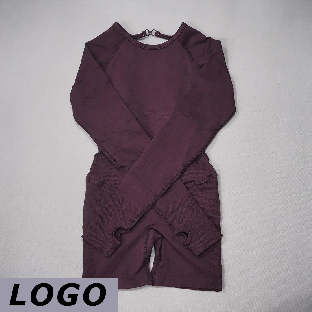 Women's Long Sleeve Nylon Blend Workout Romper with Open Back