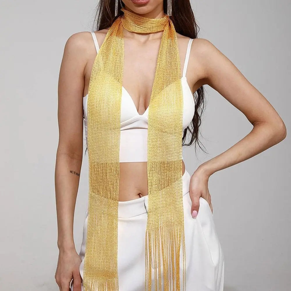 Sheer Long Narrow Scarf with Shimmer and Tassel Ends