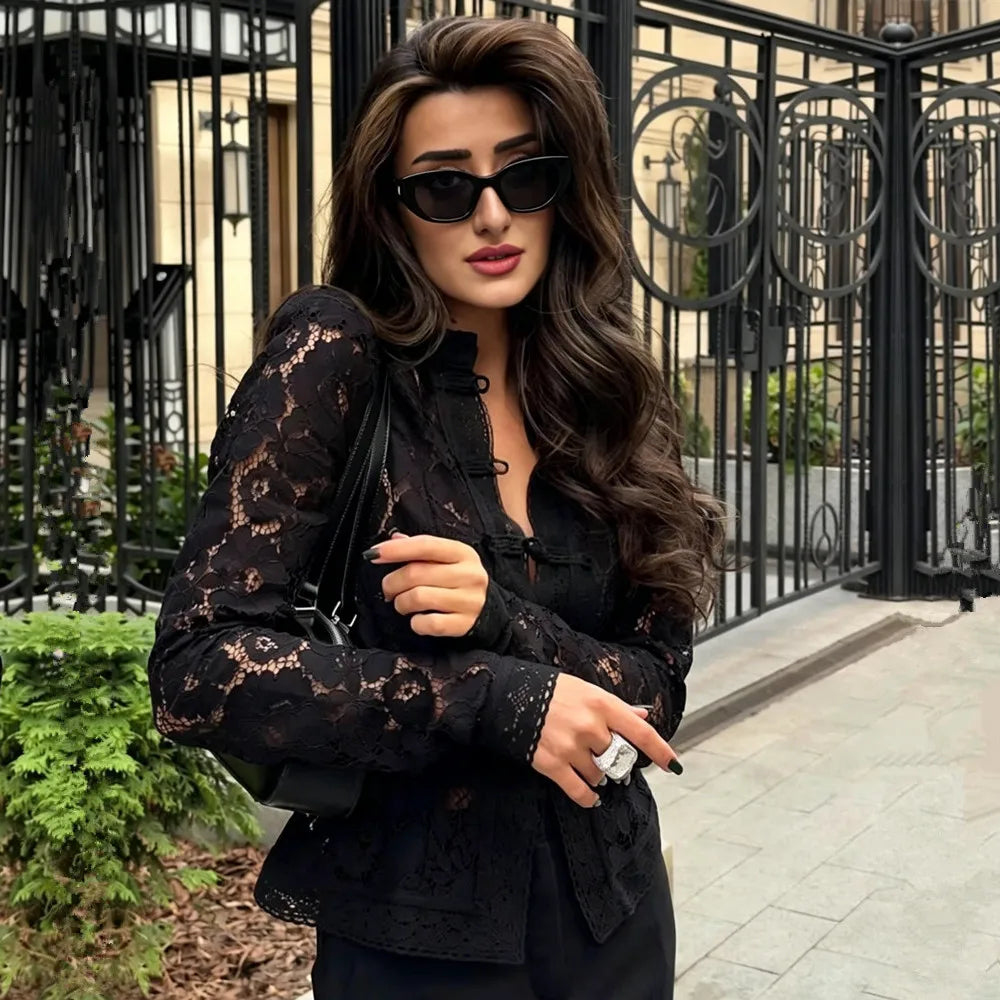 Women's Lace Detail Long Sleeve Button Front Blouse