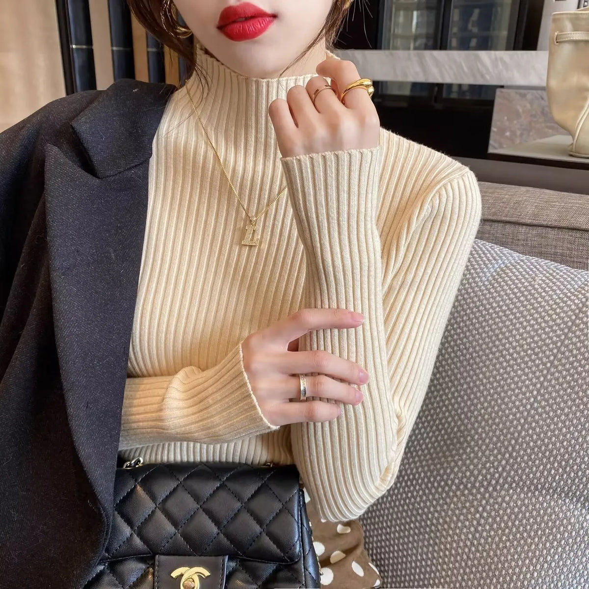 Women's Ribbed Mock Neck Flare Cuff Sweater Casual Knit Layer
