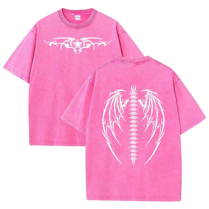 Gothic Tribal Wing Spine Print Vintage Washed Gray Y2K Casual Graphic T Shirt
