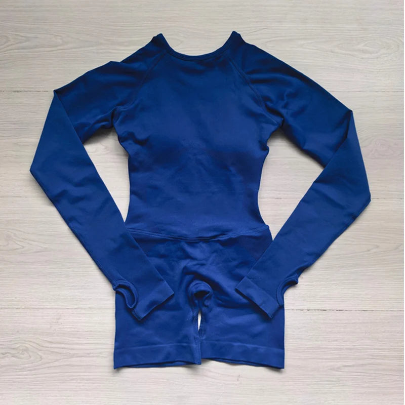 Women's Long Sleeve Nylon Blend Workout Romper with Large Back Cutout