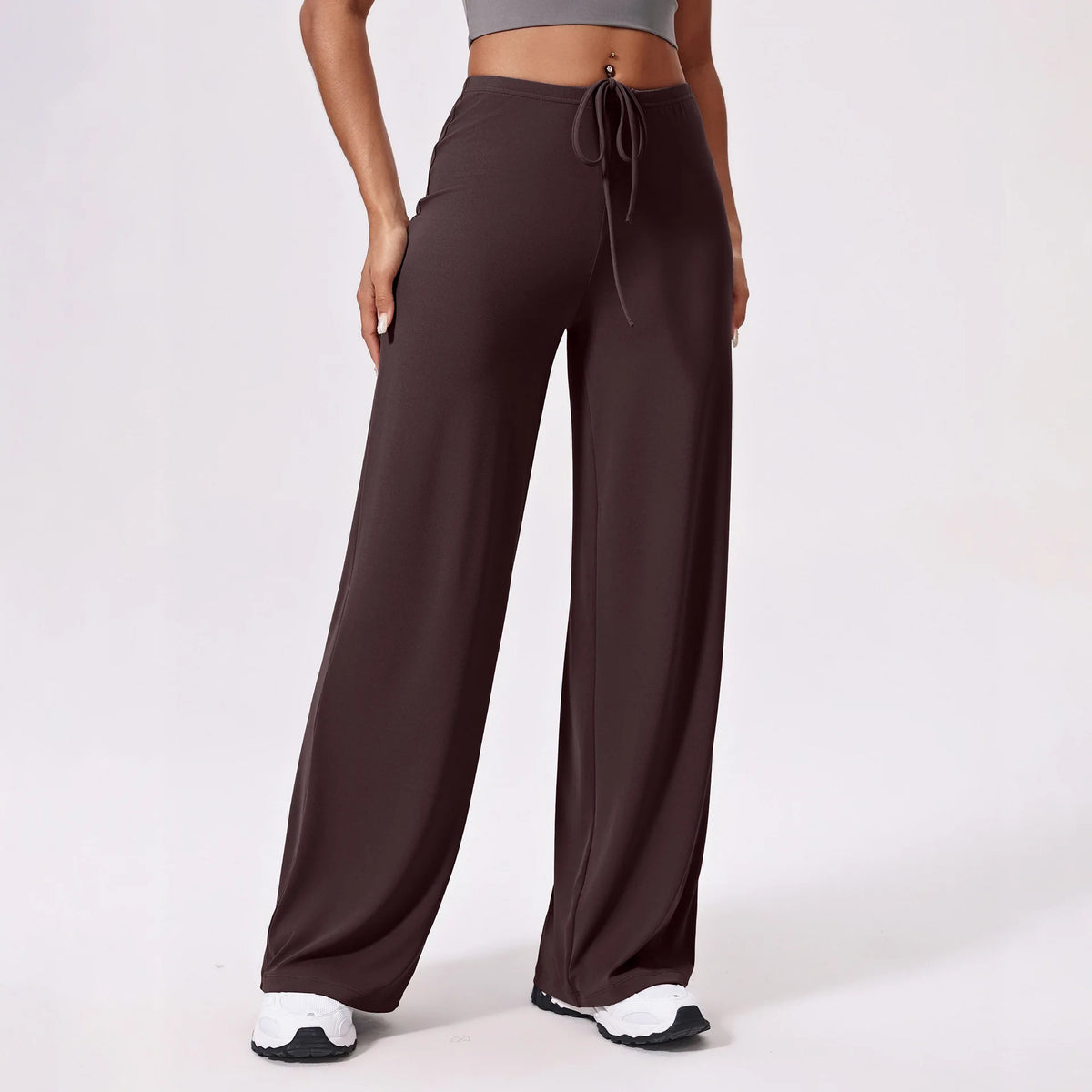 Women's High Waist Nylon Blend Palazzo Pants with Flowing Wide Legs