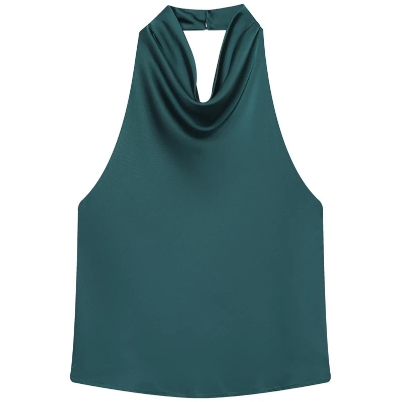 Women's Satin Polyester Halter Camisole with a Draped Front and Open Back