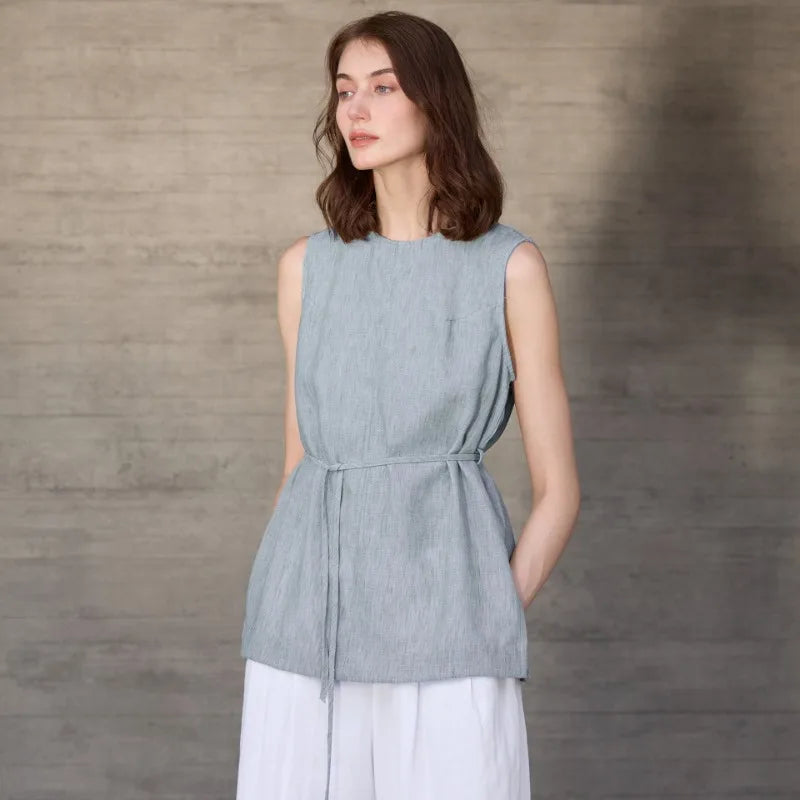 Women's Linen Sleeveless Tank Top with Drawstring Waist for Casual Summer Outfits