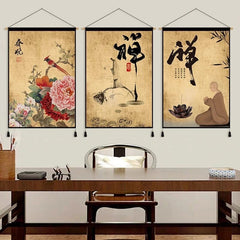 Chinese Style Buddhist Zen Wall Art Poster Ink Painting Landscape Canvas Painting Living Room Wood Scroll Wall Hanging Decor