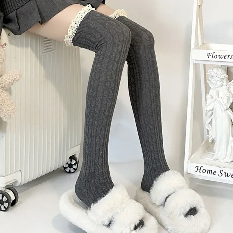 Lace Cuff Thigh High Socks with Solid Knit Body