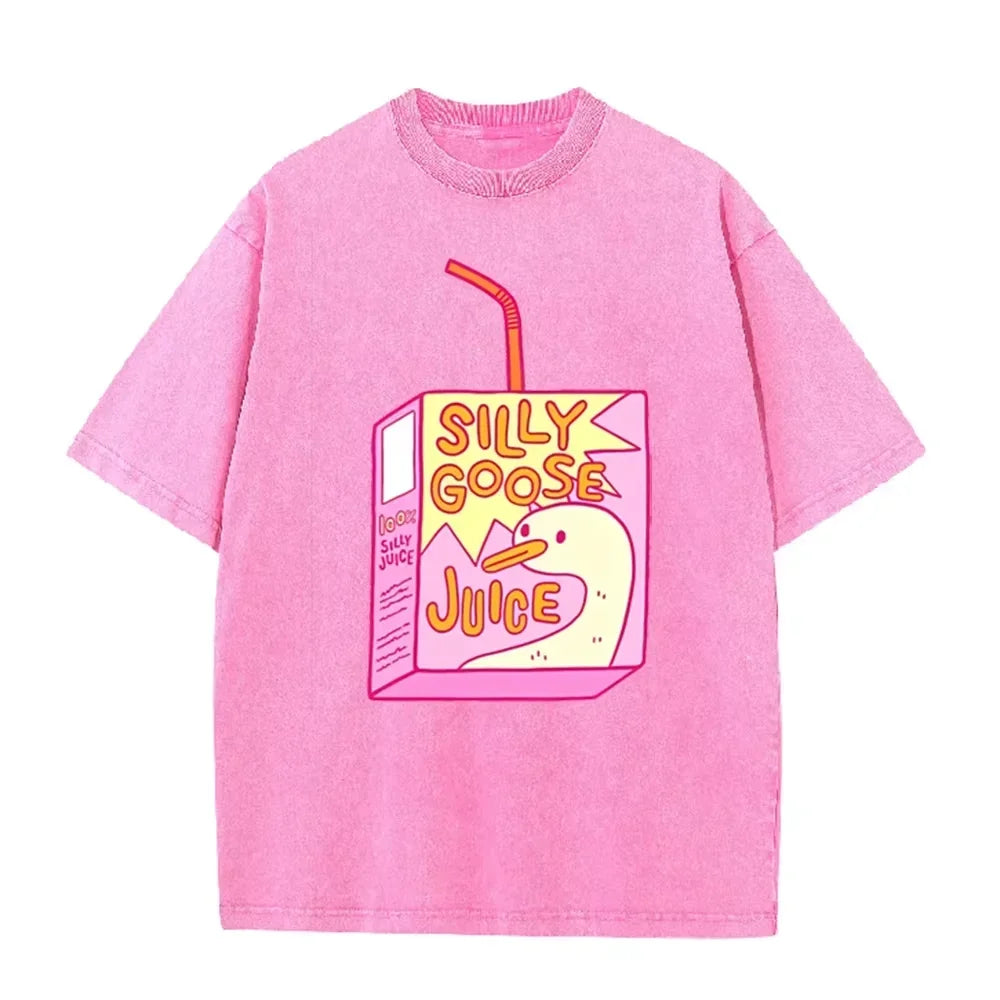 Cute Silly Goose Juice Box Print Washed Purple Y2K Aesthetic Women T-shirt