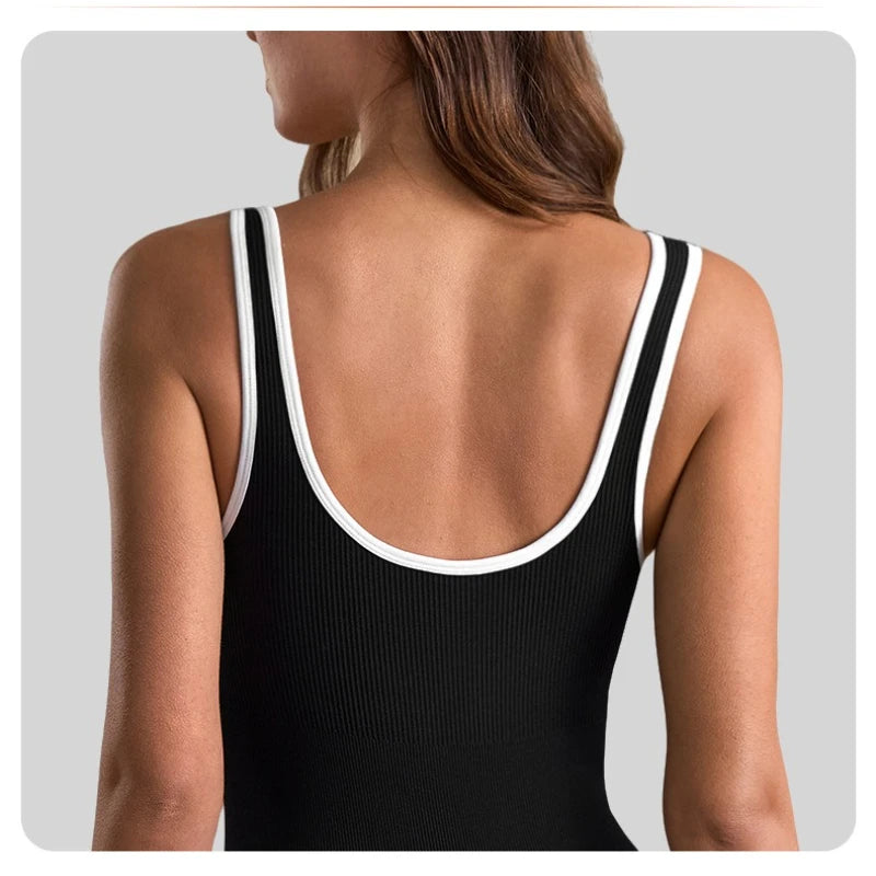 Women's Ribbed Nylon Blend Workout Romper with Contrast Trim and Scoop Neck