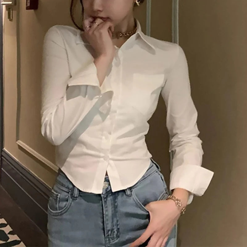 Women's Long Sleeve Button Front Pocket Detail Shirt