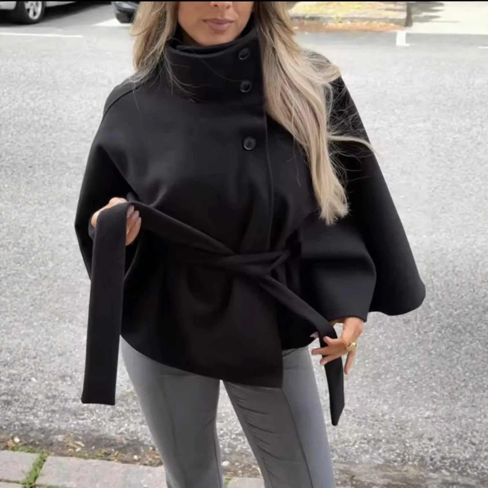 Belted Button Stand Collar Cape for Layering over Outfits