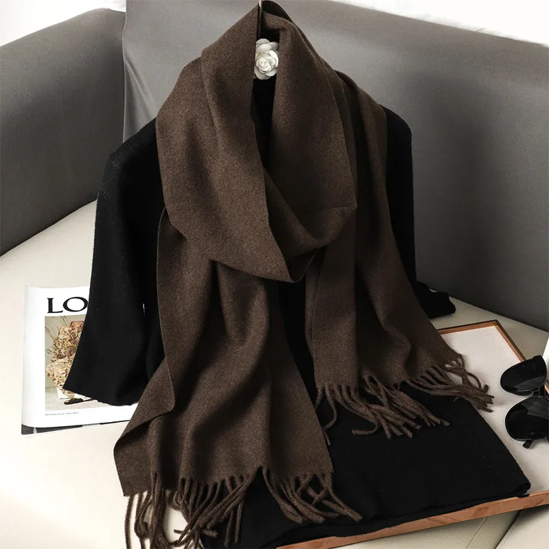 Solid Long Rectangular Scarf with Decorative Fringe Trim