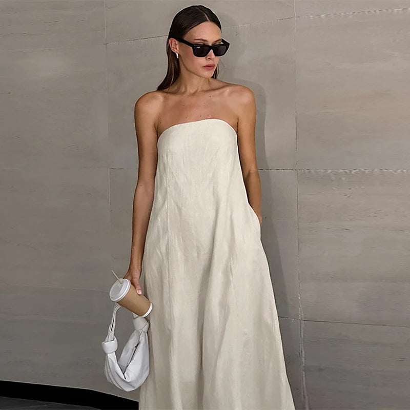 Women's Cotton-Linen Strapless Backless Dress with Zipper Closure for Casual Summer Outfits