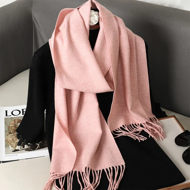 Solid Long Rectangular Scarf with Decorative Fringe Trim