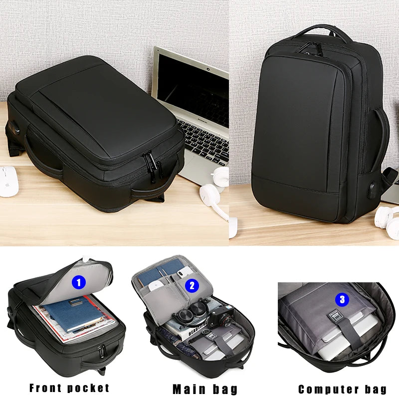 Expandable Travel Backpack with Boxy Shape and Multiple Carrying Positions