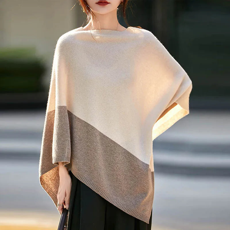 Contrast Block Asymmetric Poncho for Layering over Outfits