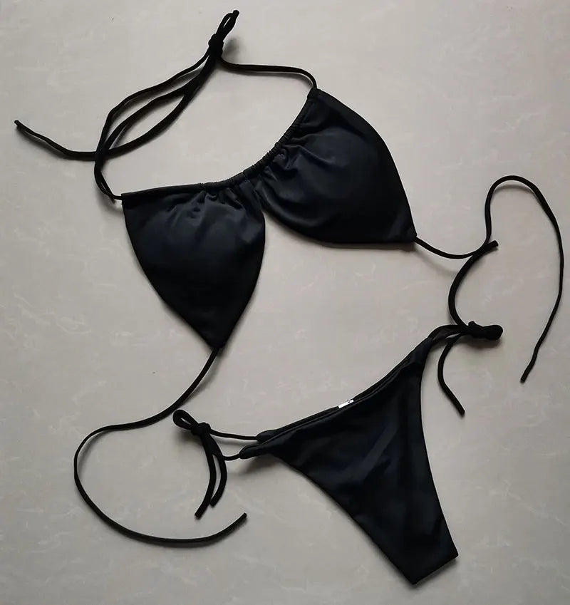 Women's Tie String Triangle Bikini Top and Thong Set