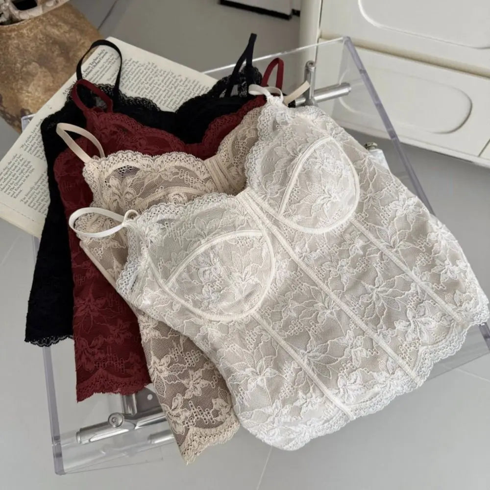 Women's Floral Lace Crop Top with Thin Shoulder Straps and Chest Pads