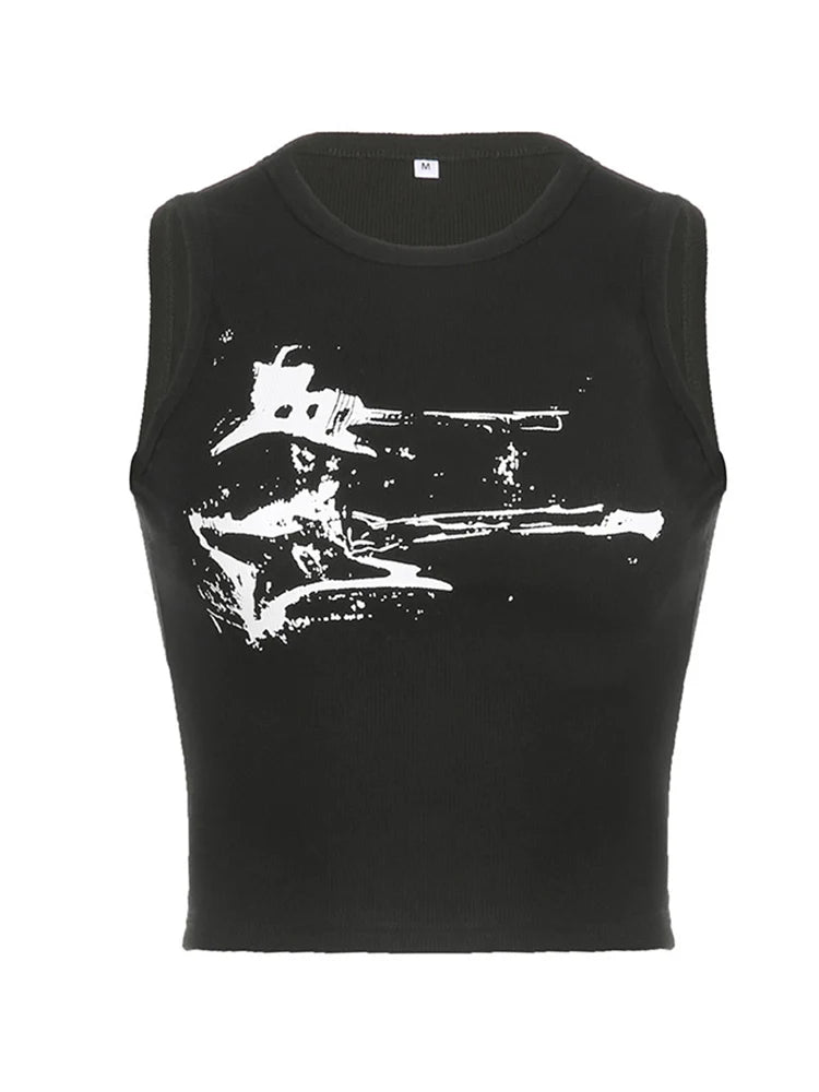 Women's Guitar Print Polyester Blend Crop Tank Top with Round Neck