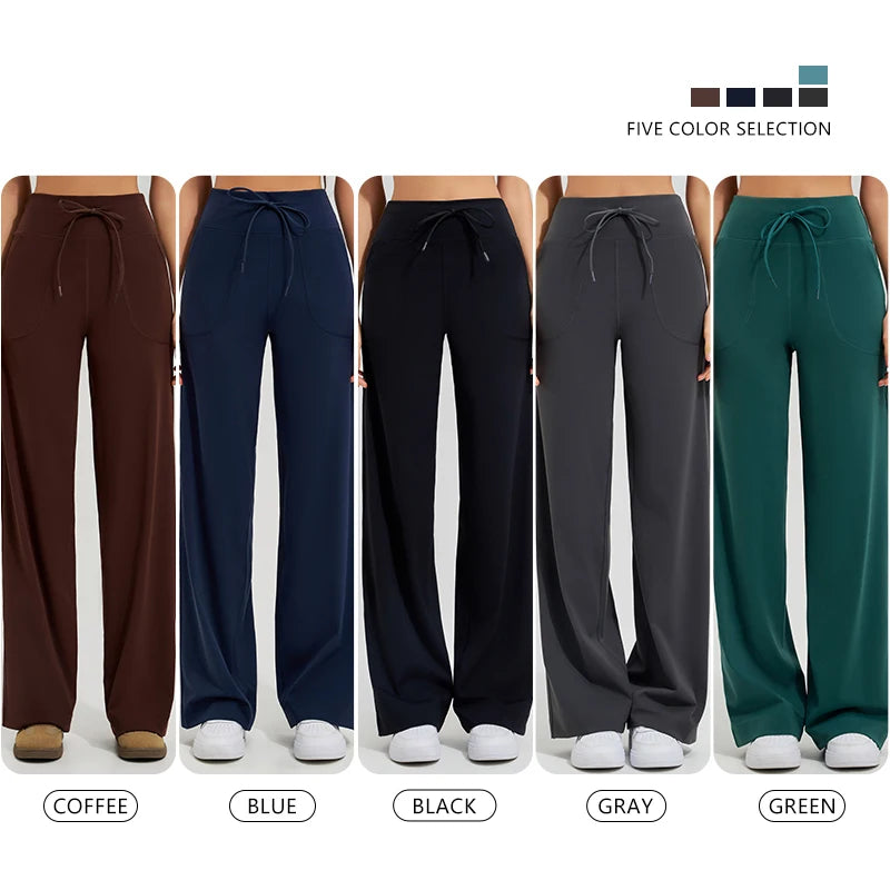 Women's Drawstring Waist Nylon Blend Wide Leg Workout Pants with Pockets