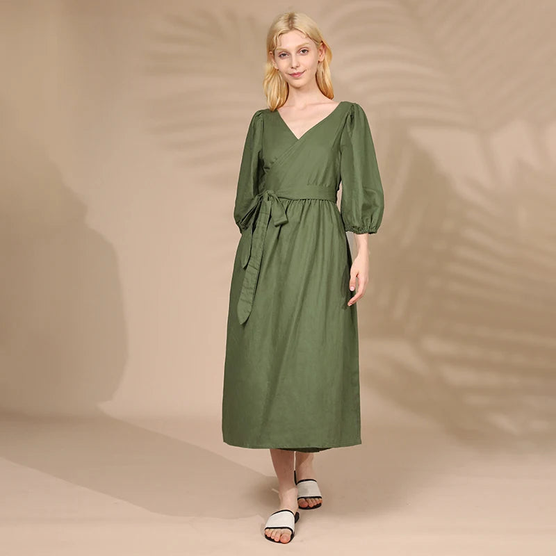 Women's Cotton-Linen V-Neck Puff-Sleeve A-Line Midi Dress with Waist Tie and Pockets
