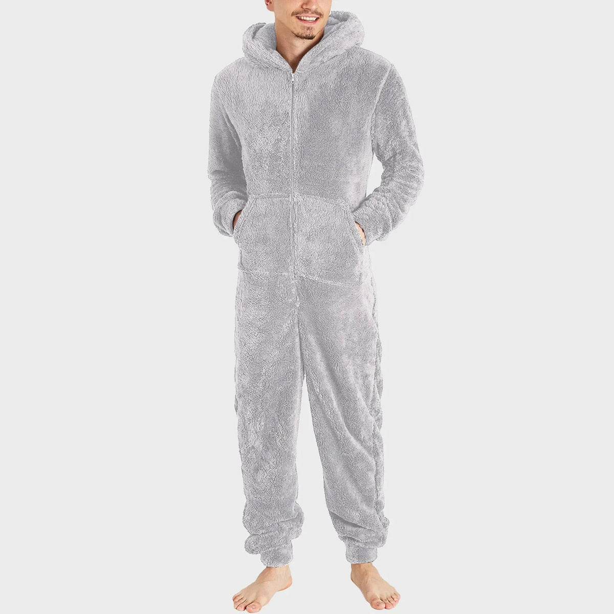 Men's Hooded Zip Front Long Sleeve Plush Pajama Jumpsuit
