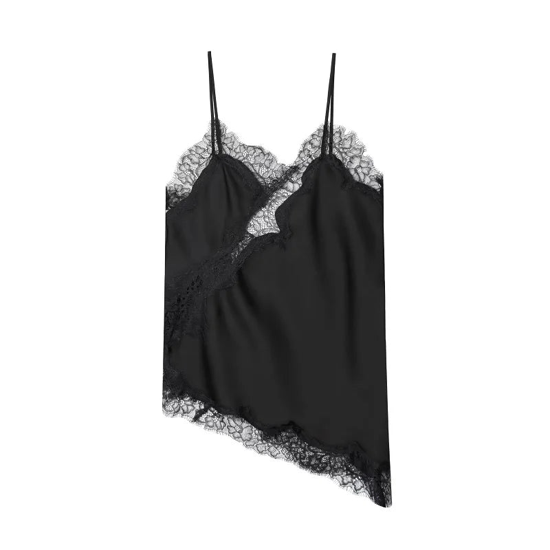 Women's Asymmetric Lace Trim Satin Camisole with Thin Shoulder Straps