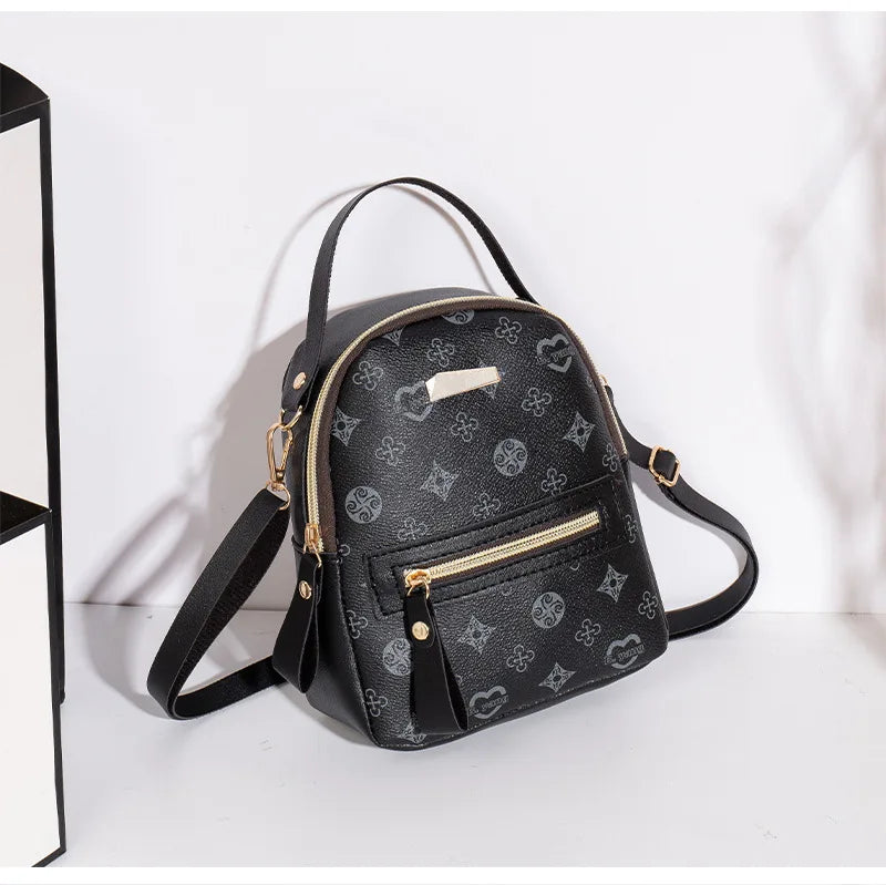 Printed Mini Backpack with Front Zipper Pocket and Multiple Carry Options