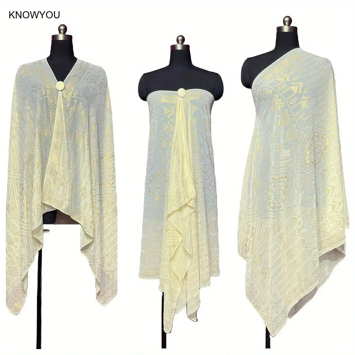 Gold Print Sheer Wrap Scarf for Layering over Outfits