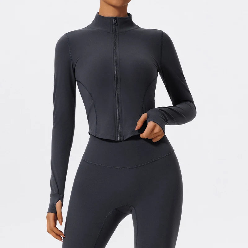 Women's Fitted Long Sleeve Zip Front Jacket For Workout Outfits