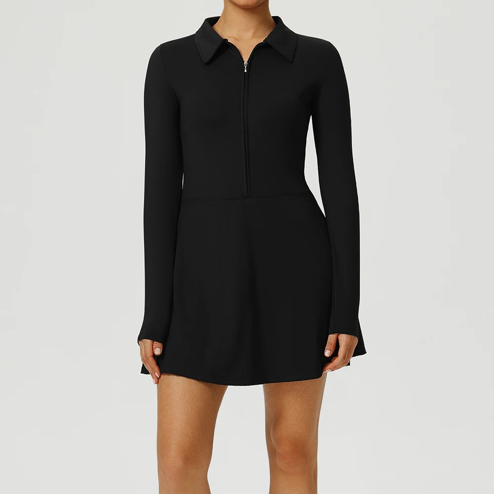 Women's Long Sleeve Nylon Blend Athletic Dress with Collar and Front Zip