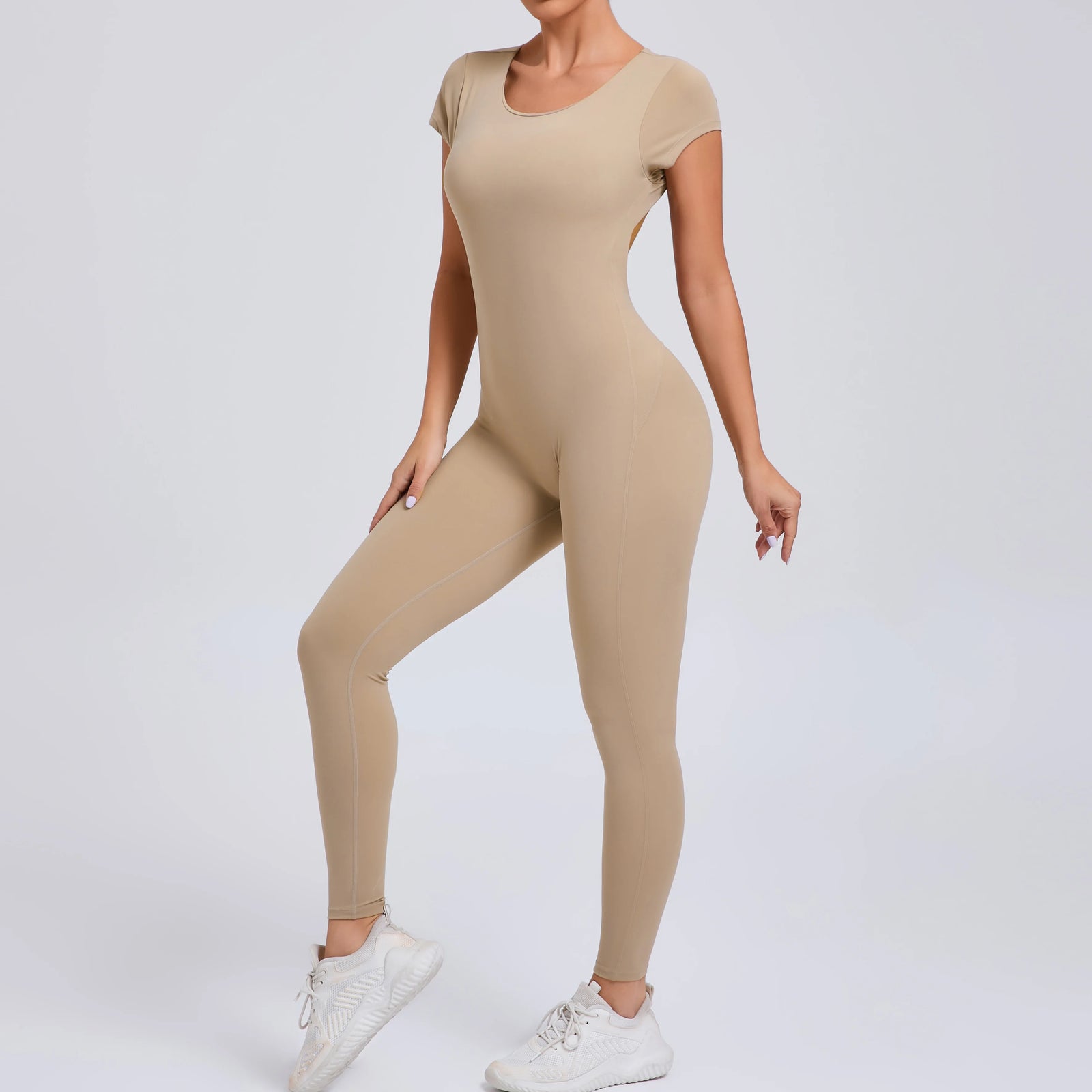 Women's Cap Sleeve Open Back Full Length Workout Jumpsuit