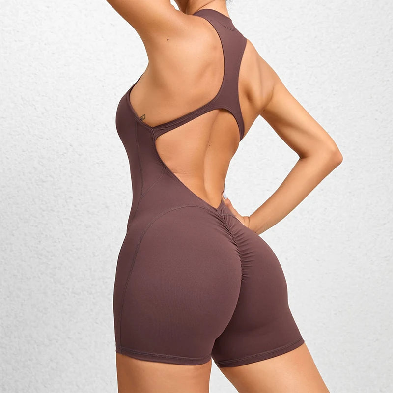 Women's Halter Neck Nylon Blend Workout Romper with Front Zipper and Racerback