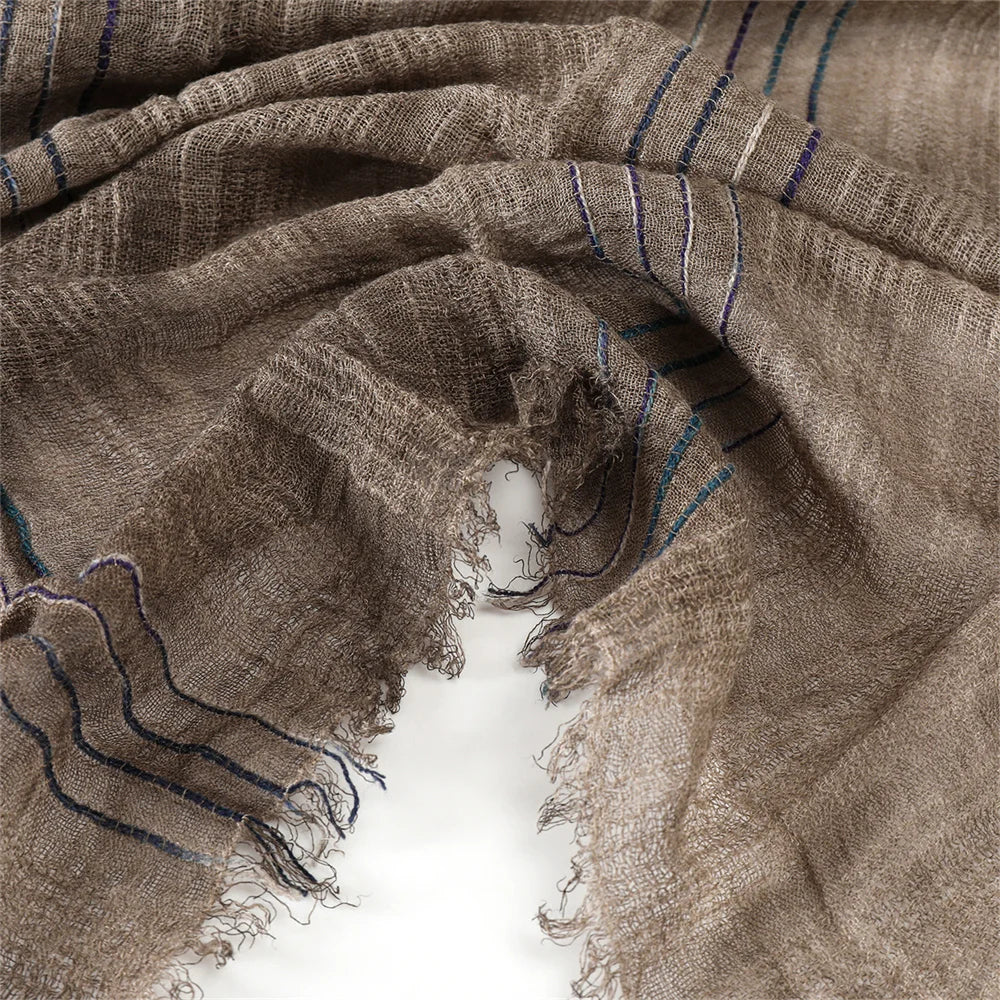 Striped Long Scarf with Decorative Frayed End Trim