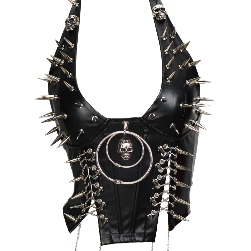 Women's Studded Crop Top with Decorative Spikes and Lace-Up Side Detailing
