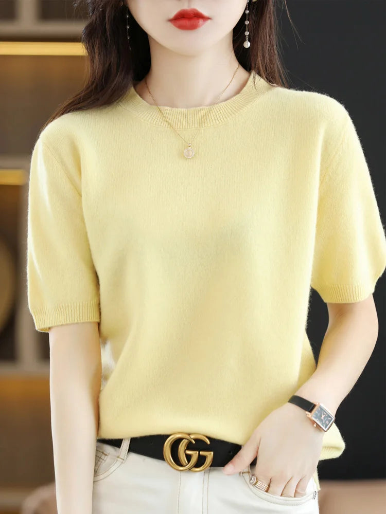 Women's Crew Neck Short Sleeve Sweater Casual Knit Layer