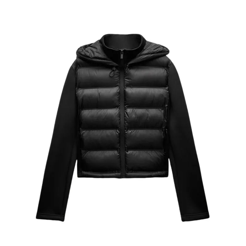 Women's Hooded Quilted Front Knit Sleeve Jacket for Layered Outfits