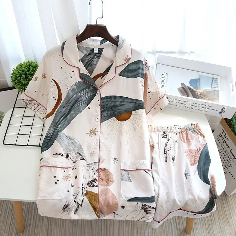 Women's Printed Button Front Pajama Set with Top and Pants