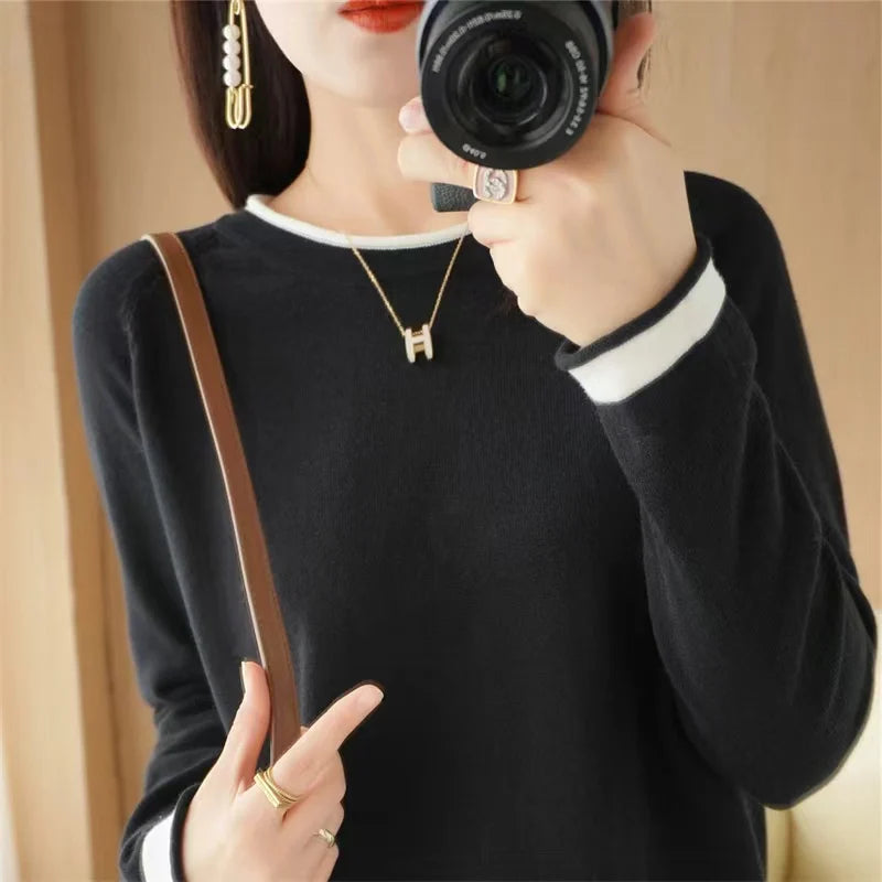 Women's Crew Neck Contrast Stripe Trim Sweater Casual Knit Layer