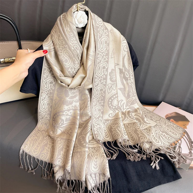 Paisley Floral Print Long Scarf with Fringed Ends