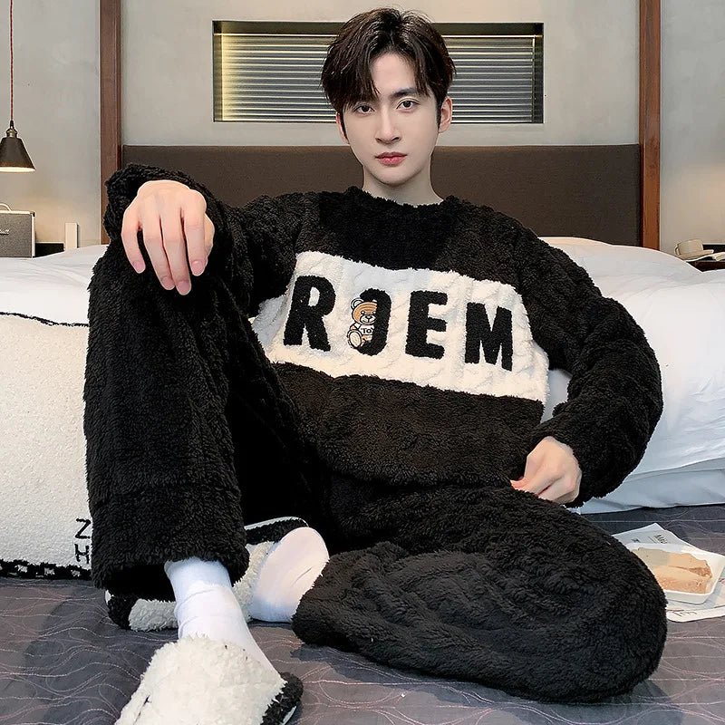 Men's Textured Long Sleeve Top and Pants Pajama Set