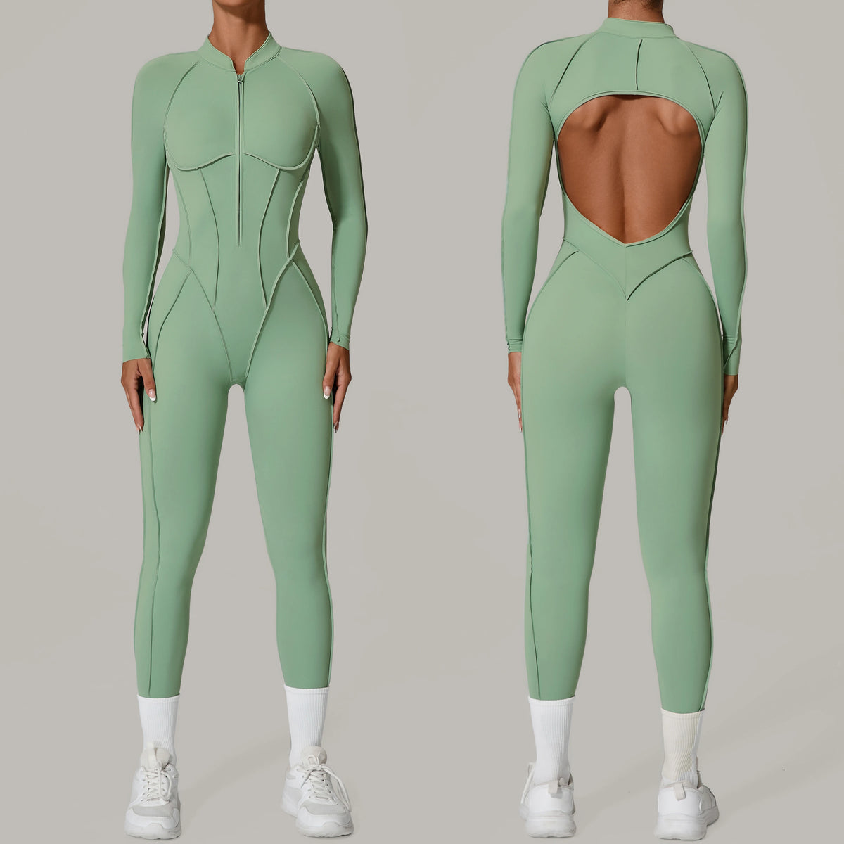 Women's Long Sleeve Zip Front Back Cutout Workout Jumpsuit